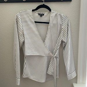 Topshop Satin Faux Wrap Top - White Black Stripe